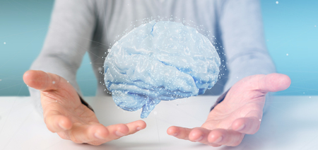View of a Businessman holding a 3d rendering artificial brain