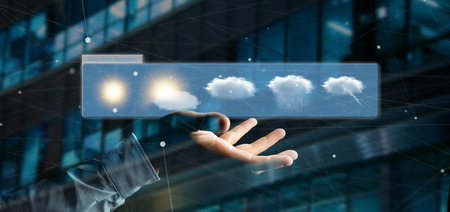 View of a Businessman holding a Weather Forecast widget 3d renderingの写真素材