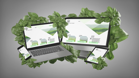 View of Connected devices surrounding by leaves 3d renderingの写真素材