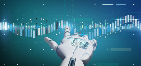 View of a Cyborg hand holding a Business stock exchange trading data information 3d renderingの写真素材