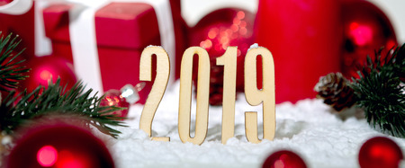 View of a 2019 new year composition with christmas holidays decorationの写真素材