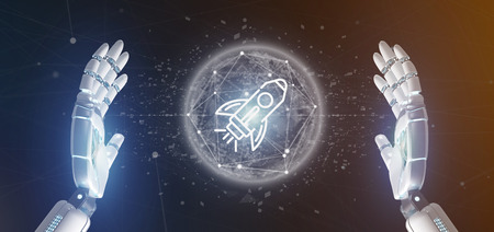 View of a Cyborg hand holding a  start up rocket on a sphere 3d rendering