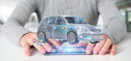 View of a Man holding a Smartcar with checkings 3d rendering