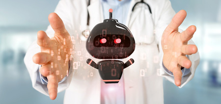View of Doctor holding Virus chatbot with binary code 3d renderingの写真素材
