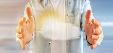 View of a Businessman holding a Weather forecast Sun and cloud 3d rendering