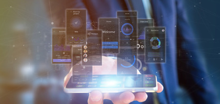 View of Businessman holding User interface screens with icon, stats and data 3d rendering