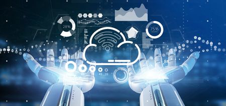 View of Cyborg hand holding Cloud and wifi concept with icon, stats and data 3d rendering