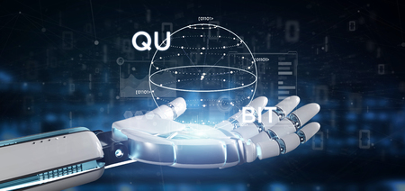 View of Cyborg hand holding Quantum computing concept with qubit icon 3d renderingの写真素材