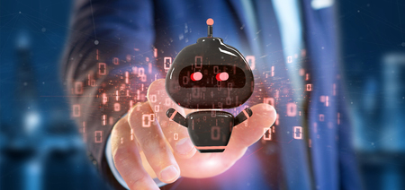View of Businessman holding Virus chatbot with binary code 3d rendering