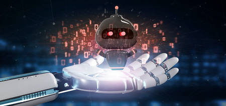 View of Cyborg hand holding Virus chatbot with binary code 3d renderingの写真素材