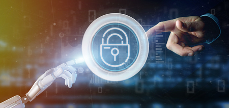 View of Cyborg holding Security padlock wheel icon with stats and binary code 3d rendering