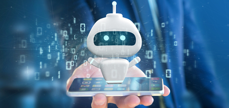 View of Businessman holding Chatbot with binary code 3d rendering