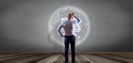 View of Businessman in front of a wall with Cloud of justice and law icon bubble with data 3d renderingの写真素材