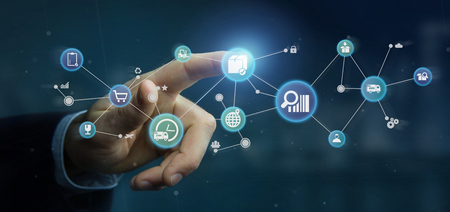 View of a Businessman holding a Logistic organisation with icon and connection 3d rendering