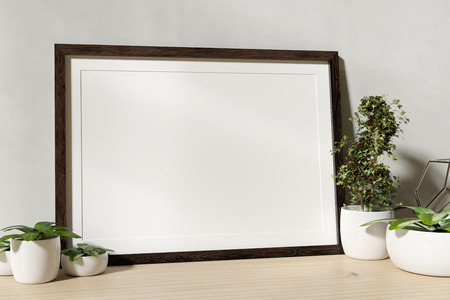 View of a Frame mock up with plants on a shelf - 3d rendering