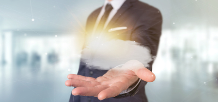 View of a Businessman holding a Weather forecast Sun and cloud 3d renderingの写真素材