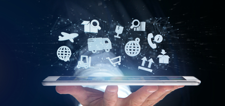 View of a Businessman holding a Logistic organisation with icon and connection 3d renderingの写真素材