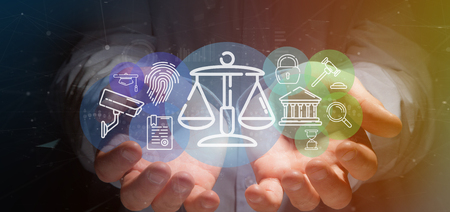 View of Businessman holding Cloud of justice and law icon bubble with data 3d renderingの写真素材