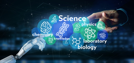 View of Cyborg hand holding Science icons and titleの写真素材