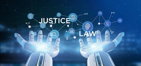 View of Cyborg hand holding Cloud of justice and law icon bubble with data 3d renderingの写真素材