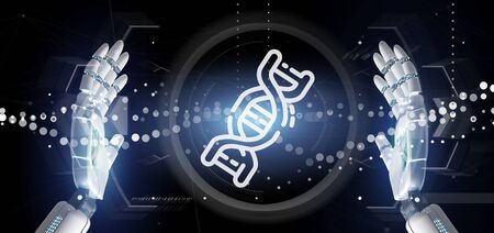 View of a Cyborg hand holding a DNA icon