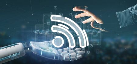 View of a Cyborg hand holding a wifi icon with data all aroundの写真素材