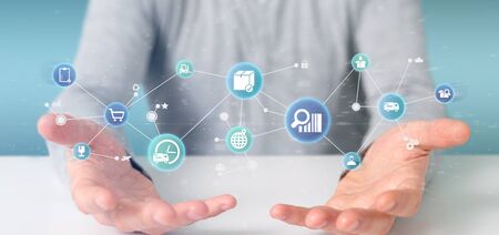 View of a Businessman holding a Logistic organisation with icon and connection 3d rendering