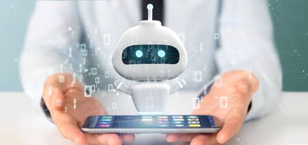 View of Businessman holding Chatbot with binary code 3d rendering