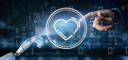 View of a Cyborg hand holding a heart icon surrounded by dataの写真素材