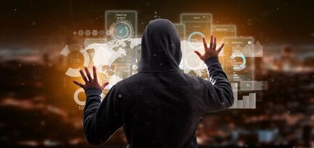 View of Hacker man holding User interface screens with icon, stats and data 3d renderingの写真素材