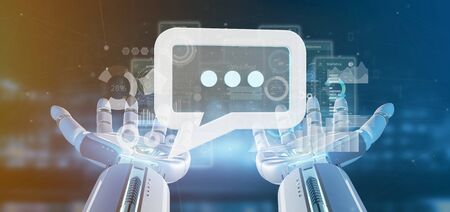 View of a Cyborg hand holding a message icon with data in background - 3d rendering