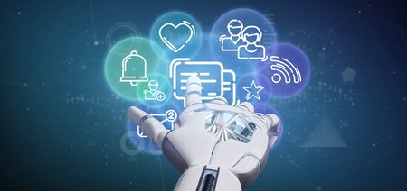 View of a Cyborg holding a cloud of social media network icon