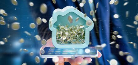 View of a Man holding a House moneybox with coin surrounding all over 3d rendering