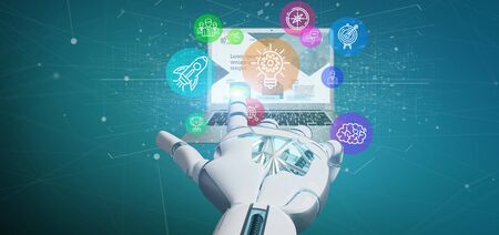 VIew of a Cyborg hand holding a Cloud of colorfull start up icon bubble with a laptop 3d rendering