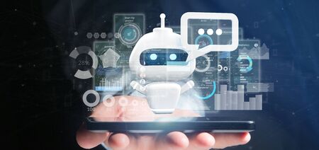 View of Businessman holding Chatbot with binary code, message and data 3d rendering