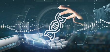 View of a Cyborg hand holding a DNA icon