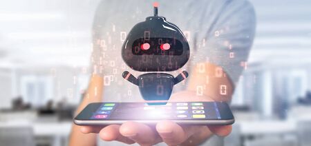 View of Businessman holding Virus chatbot with binary code 3d rendering