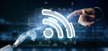 View of a Cyborg hand holding a wifi icon with data all around