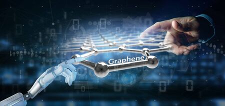 View of a Cyborg hand holding a graphene structure - 3d rendering