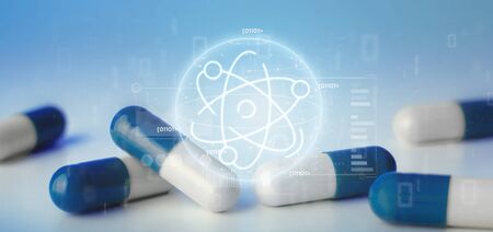 View of a atom icon surrounded by data on a lab backgroundの写真素材