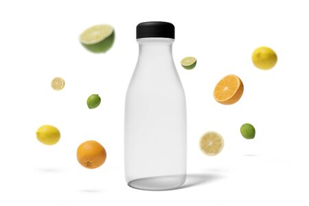 View of a Juice Bottle with Fruit Mockupの写真素材