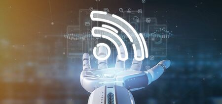 View of a Cyborg hand holding a wifi icon with data all around