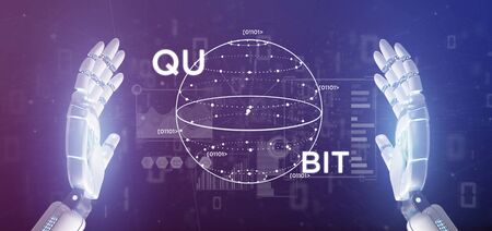 View of Cyborg hand holding Quantum computing concept with qubit icon 3d renderingの写真素材