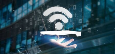 View of a Businessman holding a Wifi router and data - 3d rendering 