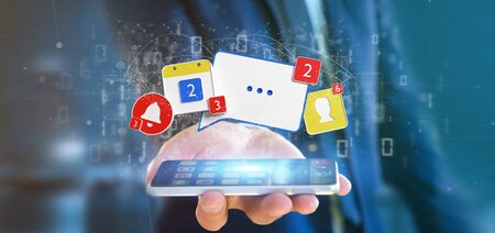 View of a Businessman holding Social network notifications - 3d rendering