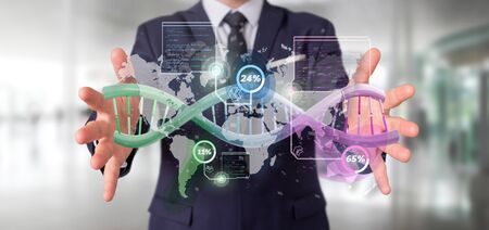 View of a Businessman holding a DNA over a world map with geographic localization - genealogy concept - 3d renderingの写真素材