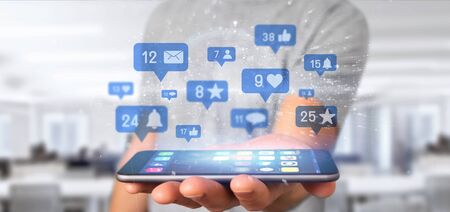 View of a Businessman holding Social network notifications - 3d rendering