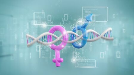 View of a DNA with data and male and female symbol - 3d renderingの素材 [FY310139647466]