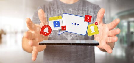 View of a Businessman holding Social network notifications - 3d renderingの写真素材