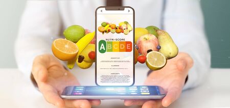 View of a Businessman holding a food mobile app - 3d renderingの写真素材